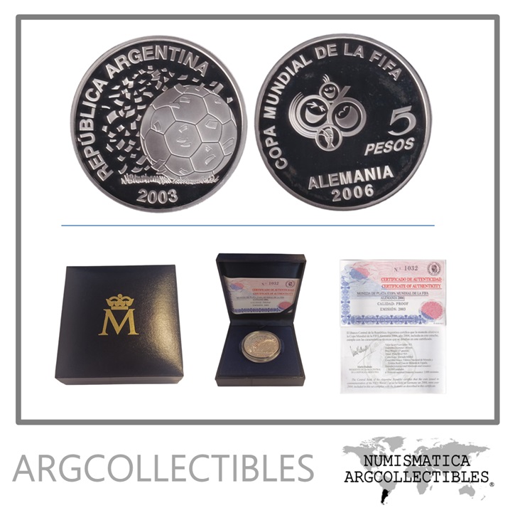 Argentina Estuche Moneda 5 Pesos 2003 Plata 925 Mundial Futbol Alemania 2006 KM-143 Proof