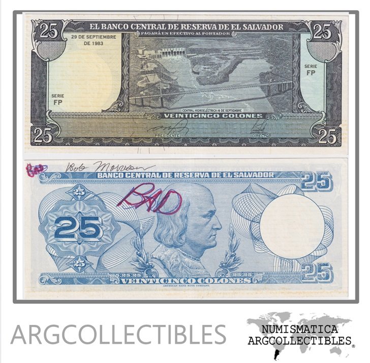 El Salvador Billete 25 Colones 1983 P-136 UNC (Proof) (Test Note)