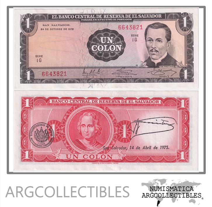 El Salvador Billete 1 Colon 1972 P-115 UNC (Serie IG)