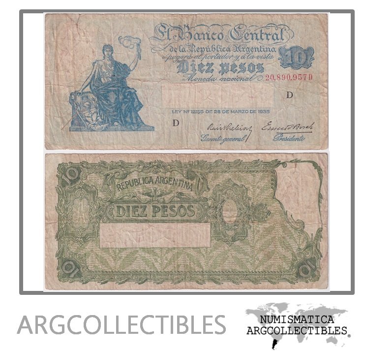 Argentina Billete 10 Pesos 1937 P-253/BOT-1879 F (Serie D)