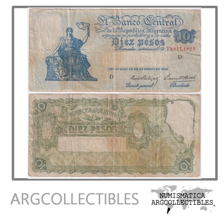 Argentina Billete 10 Pesos 1941 P-253/BOT-1883 VF (Serie D)