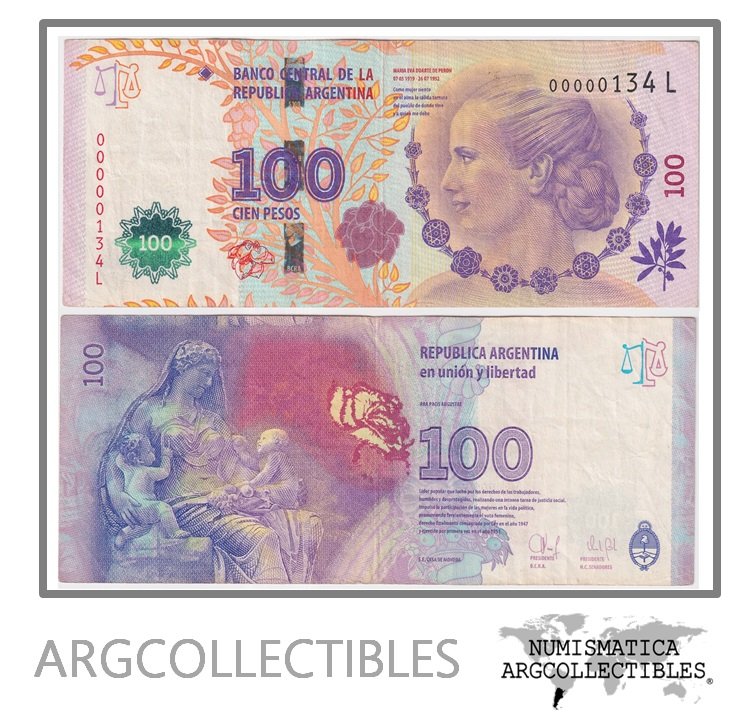 Argentina Billete 100 pesos 2014 P-358b/BOT-4314 VF (Serie L) (Numero Bajo)