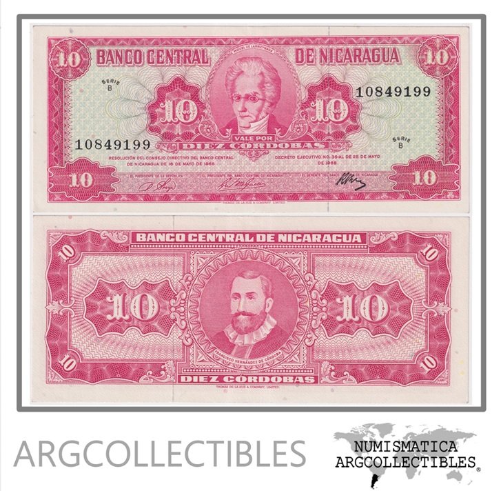Nicaragua Billete 10 Cordobas 1968 P-117 AU