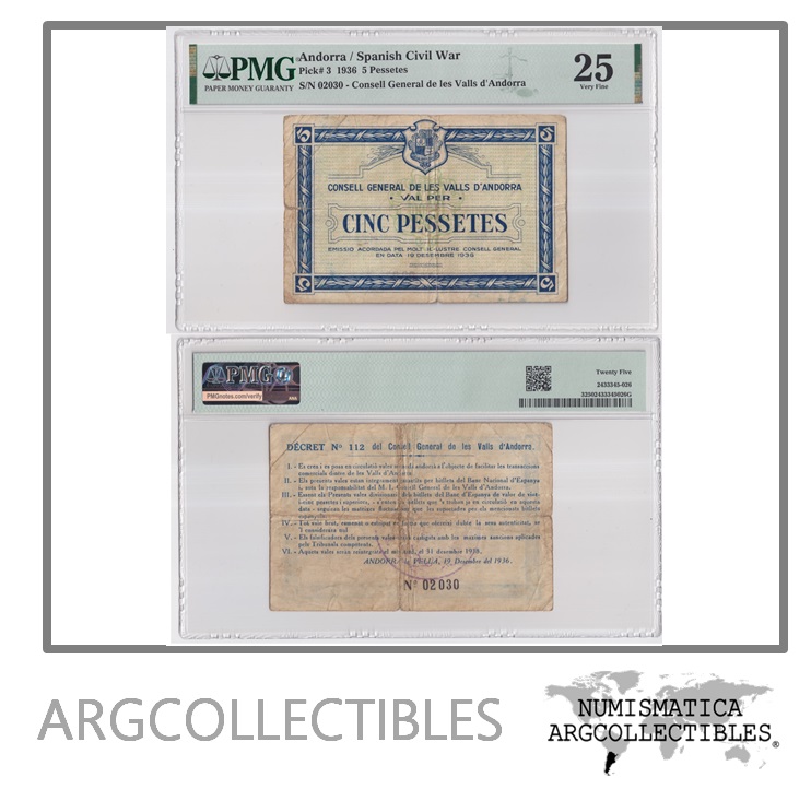 Andorra Billete 5 Pesetas 1936 P-3 VF+ (VF25)