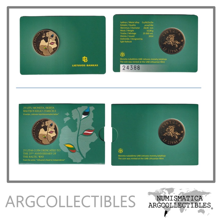Lituania Blister Moneda 25 Litas 2014 25º Aniversario Ruta Baltica Unc