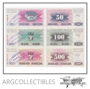 Bosnia y Herzegovina Set x 3 Billetes 50-100-500 Dinara 1992 P-12-13-14 UNC (Cancelado Sarajevo Station)