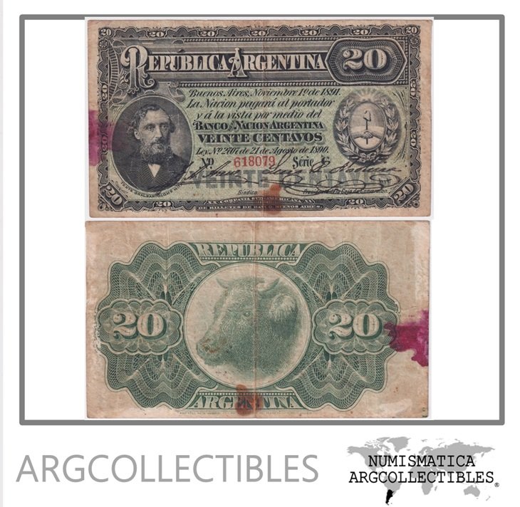Argentina Billete 20 Centesimos 1894 P-211b/BOT-1025 F+ (Manchado)