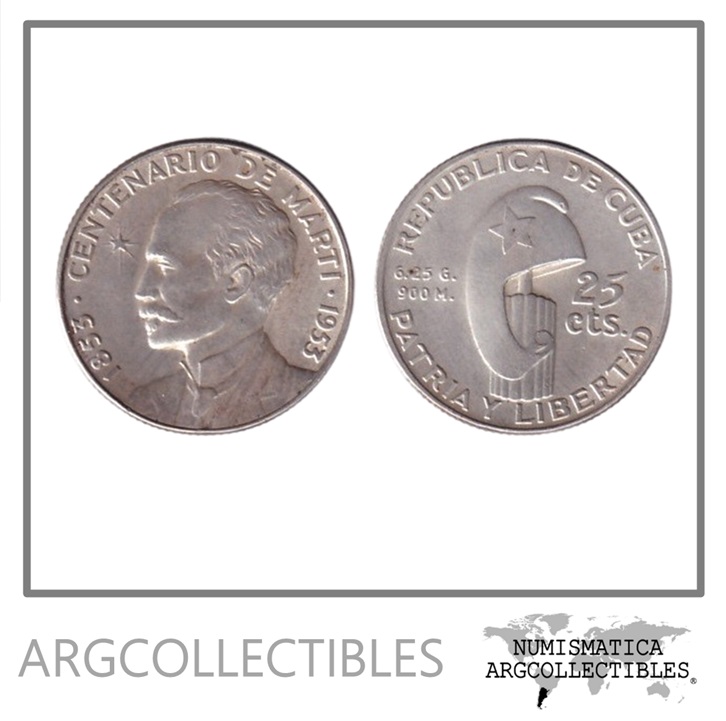 Cuba Moneda 25 Centavos 1953 Centenario de Marti Plata 900 KM-27 AU