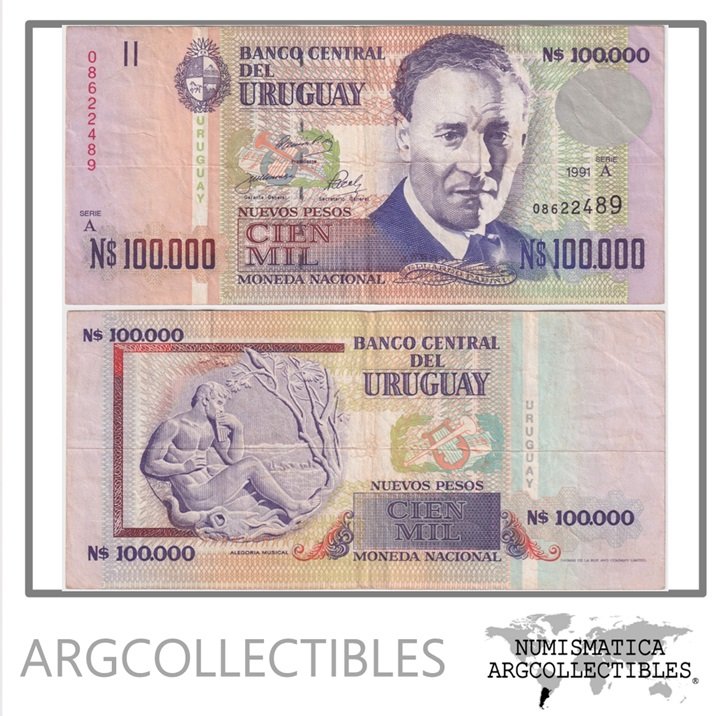Uruguay Billete 100.000 Pesos 1991 P-71 VF+ (Serie A)