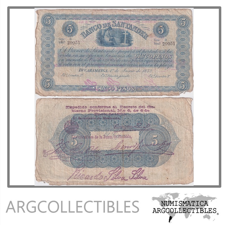 Colombia Billete 5 Pesos 1900 P-S-832 F+ (Banco Santander)