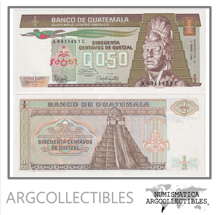 Guatemala Billete 1/2 Quetzal 1986 P-65 UNC