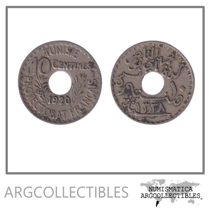 Tunez Moneda 10 Centimos 1920 Niquel Protectorado Frances KM-243 VF