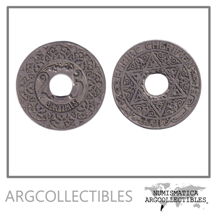 Marruecos Moneda 25 Centimos 1921 Imperio Cherifien Niquel Y-34 VF+