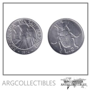 San Marino Moneda 2 Liras 1974 Escarabajo Aluminio KM-31 UNC
