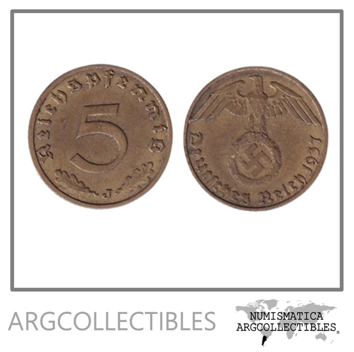 Alemania Moneda 5 Pfening 1937 J 3er Reich Bronce KM-91 VF+