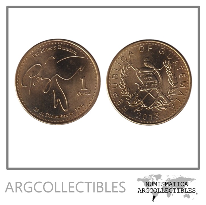 Guatemala Moneda 1 Quetzal 2013 Acero Baño Laton KM-284a UNC