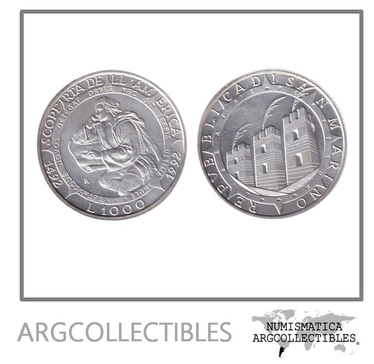 San Marino Moneda 1.000 Liras 1992 500 Aniversario Descubrimiento America Plata 835 KM-287 UNC