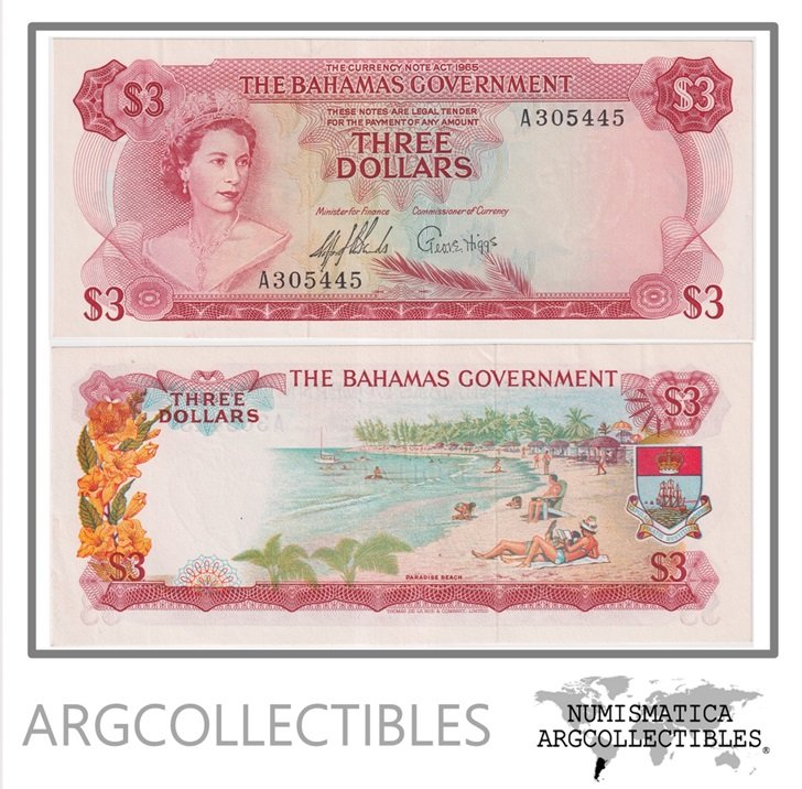 Bahamas Billete 3 Dolares 1965 P-19a AU