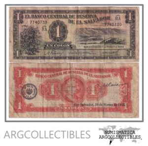 El Salvador Billete 1 Colon 1954 P-87 F+ (Serie RA)