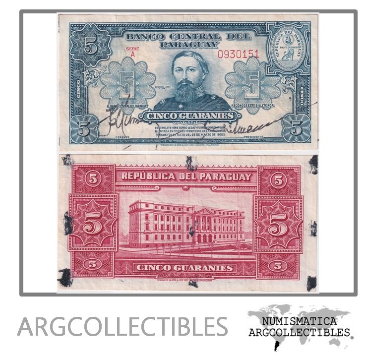 Paraguay Billete 5 Guaranies 1952 P-186a(1) VF+ (Gonzalez Maya Mendez) (Restos Pegamento)