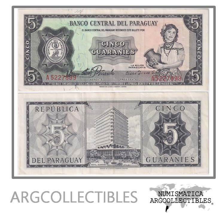 Paraguay Billete 5 Guaranies 1952(1963) P-195a(1-1) XF (Rivarola Acosta)