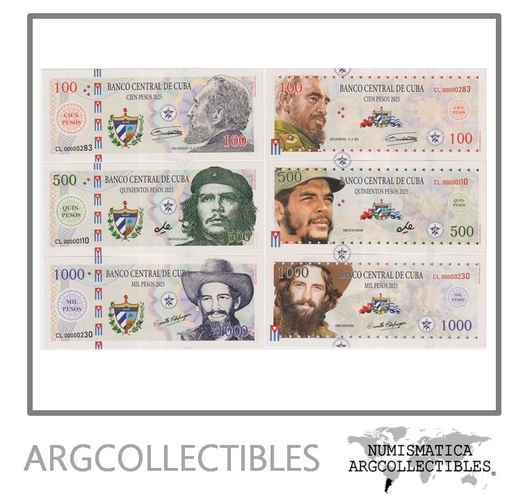 Cuba Set x 3 Billetes 100,500,1.000 Pesos 2025 Che Fidel Camilo UNC