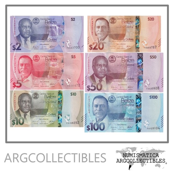 Belice Set x 6 Billetes 2,5,10,20,50,100 Dolares 2025 P-73-78 UNC