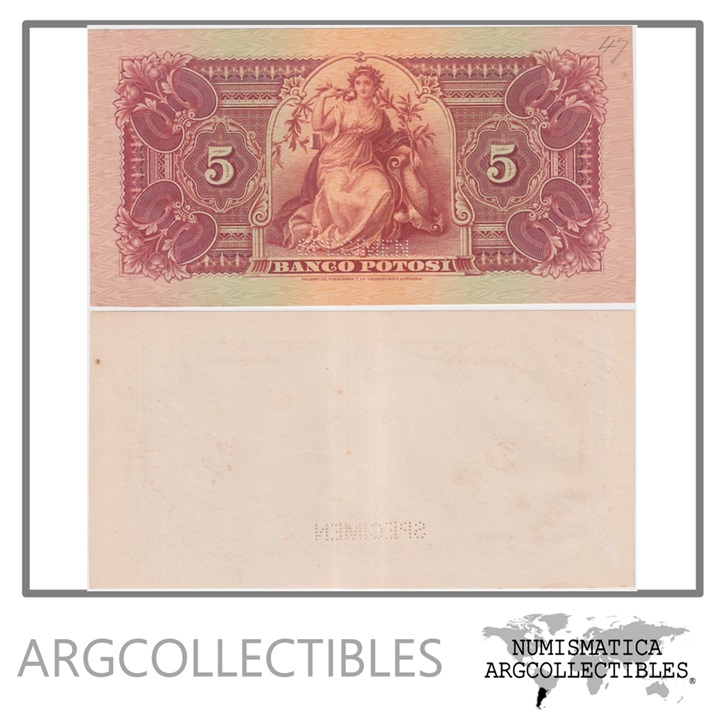 Bolivia Billete 5 Bolivianos 1887 P-S-222 (Banco Potosi) Specimen Proof