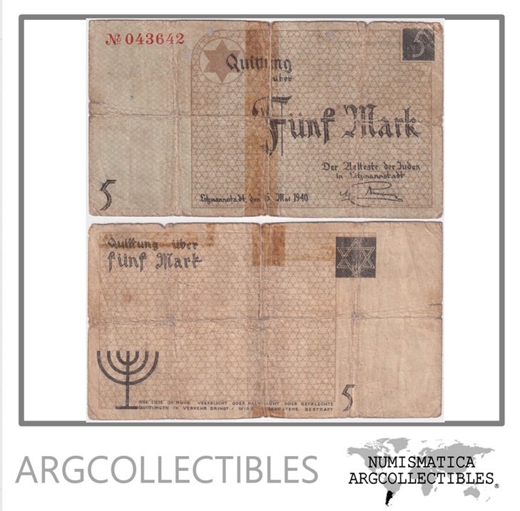 Polonia Billete 5 Marcos 1940 WWII Ocupacion Alemana Poor (Gueto de Lodz)