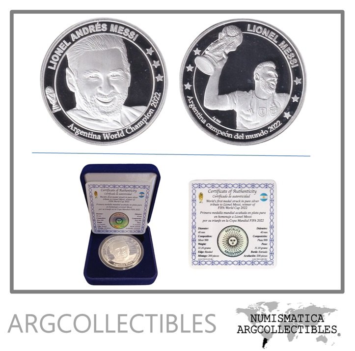 Argentina Estuche Medalla 1 Onza 2022 Plata 999 Messi Campeon del Mundo Proof