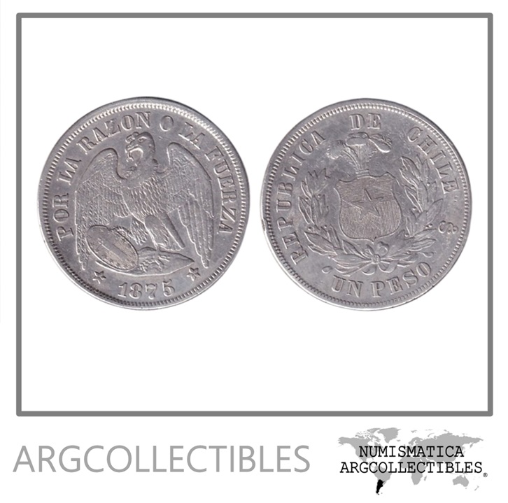 Chile Moneda 1 Peso 1875 Plata 900 Aguila KM-142.1 VF+