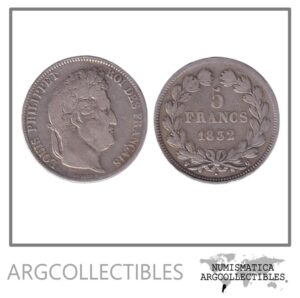 Francia Moneda 5 Francos 1832 Q Plata 900 Luis Felipe I KM-749.11 VF