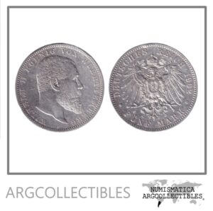 Alemania Wurttemberg Moneda 5 Marcos 1902 F Guillermo II Plata 900 KM-632 VF+