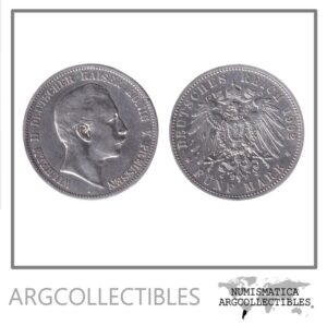 Alemania Prussia Moneda 5 Marcos 1902 A Guillermo II Plata 900 KM-523 VF