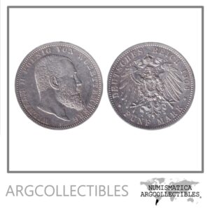 Alemania Wurttemberg Moneda 5 Marcos 1906 F Guillermo II Plata 900 KM-632 VF+