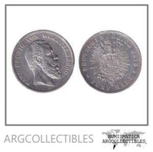 Alemania Wurttemberg Moneda 5 Marcos 1876 F Carlos I Plata 900 KM-623 VF