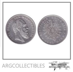 Alemania Wurttemberg Moneda 5 Marcos 1875 F Carlos I Plata 900 KM-623 VF+