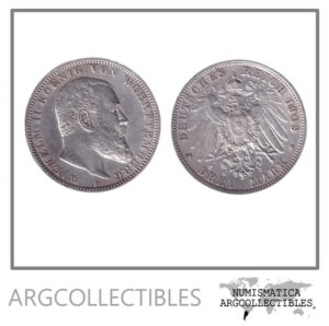 Alemania Wurttemberg Moneda 3 Marcos 1909 F Guillermo II Plata 900 KM-635 XF