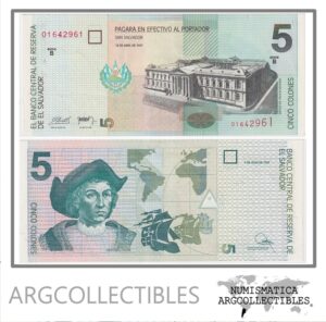 El Salvador Billete 5 Colones 1997 P-147a AU (Serie B)