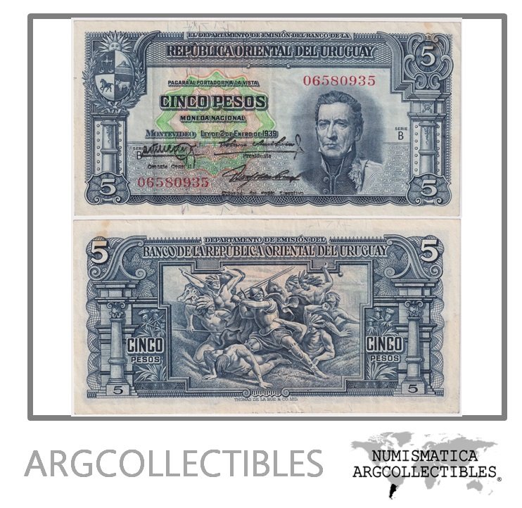 Uruguay Billete 5 Pesos 1939 P-36/CR-10.IV.22 VF+ (Serie B)