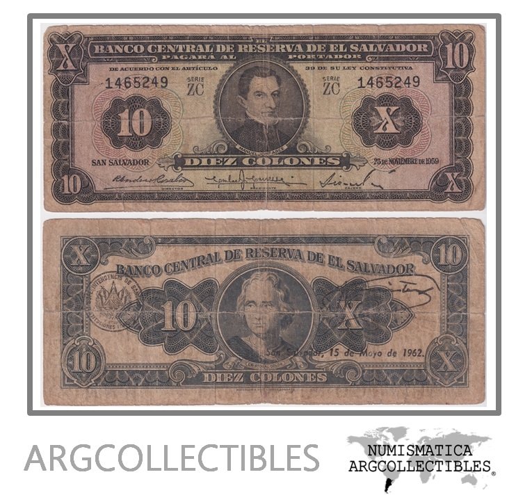 El Salvador Billete 10 Colones 1959 P-99 F (Serie ZC)
