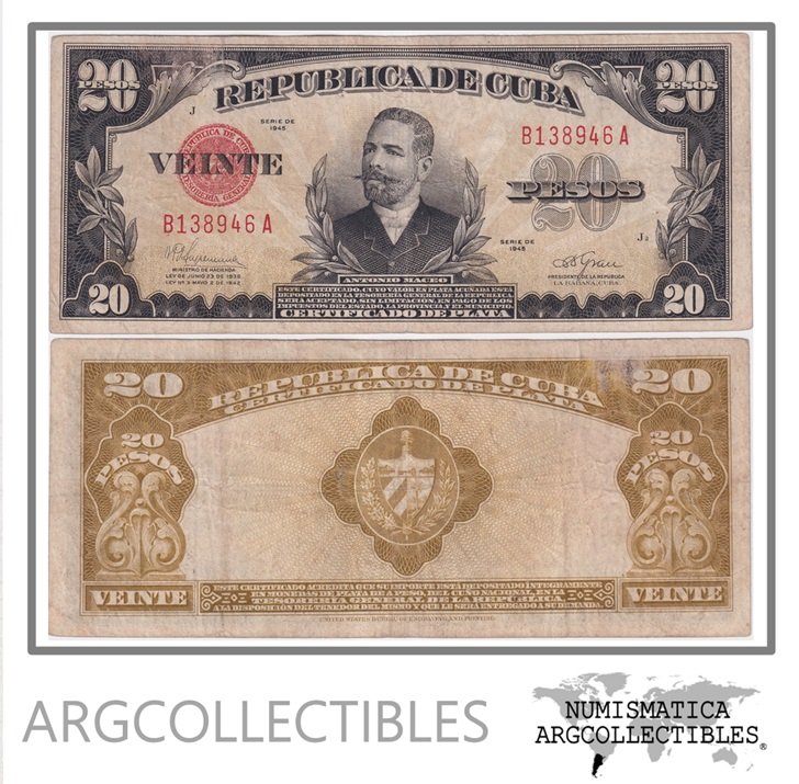 Cuba Billete 20 Pesos 1945 P-72f VF (Certificado de Plata)