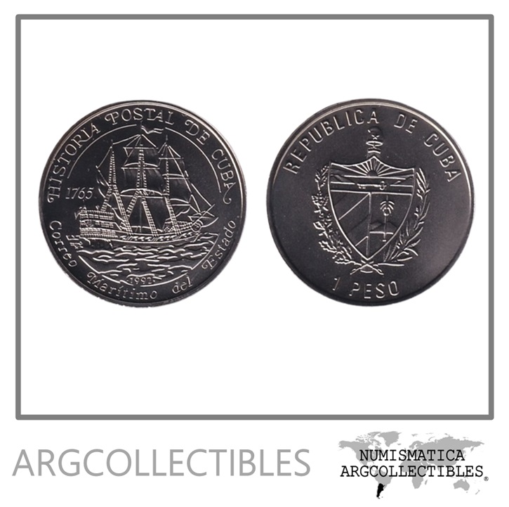 Cuba Moneda 1 Peso 1992 Historia Postal Barco Niquel KM-368 UNC