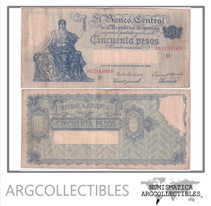 Argentina Billete 50 Pesos 1937 P-254/BOT-1889 F+ (Serie D)