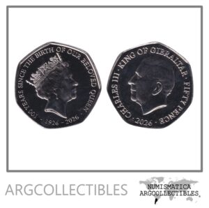 Gibraltar Moneda 50 Pence 2026 Niquel 100 Aniversario Nacimiento Reina Isabel II UNC