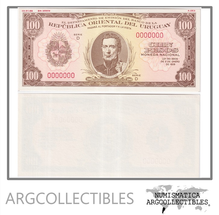 Uruguay Billete 100 Pesos 1966 No Emitido Proof Front & Back