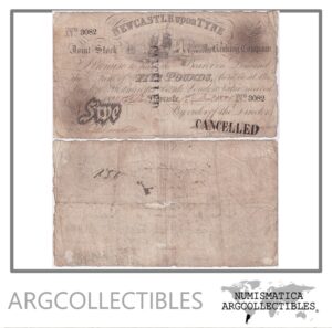 Inglaterra Billete 5 Pounds 1838 Banco New Castle Upon Tyne F+