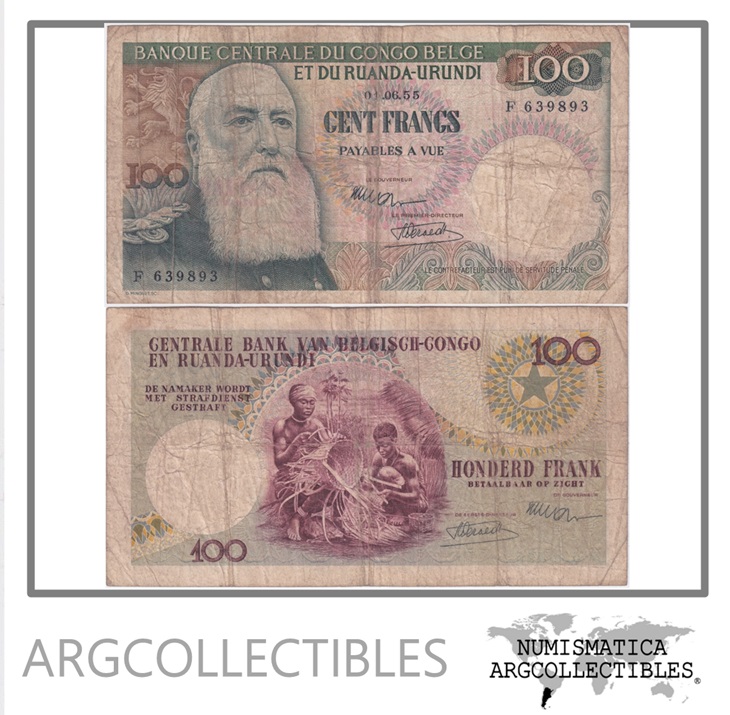 Congo Belga Billete 100 Francos 1955 P-33a F+