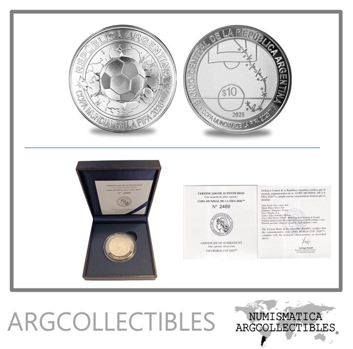 Argentina Moneda Estuche 10 Pesos 2025 Plata 925 Mundial de Futbol 2026 Proof