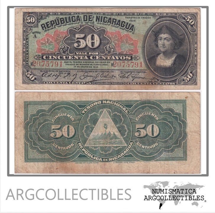 Nicaragua Billete 50 Centavos 1910 P-43 F+